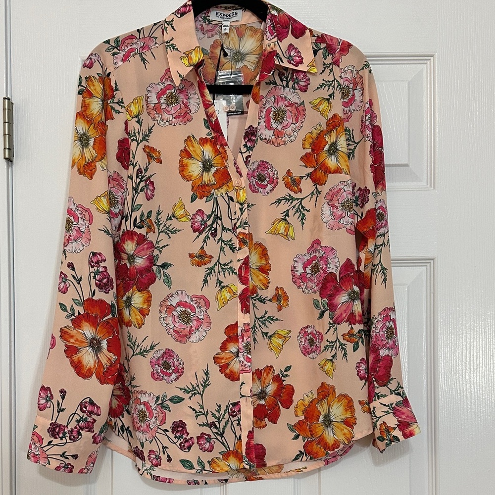 Express Floral Button Down Shirt - Pink, Orange, Yellow